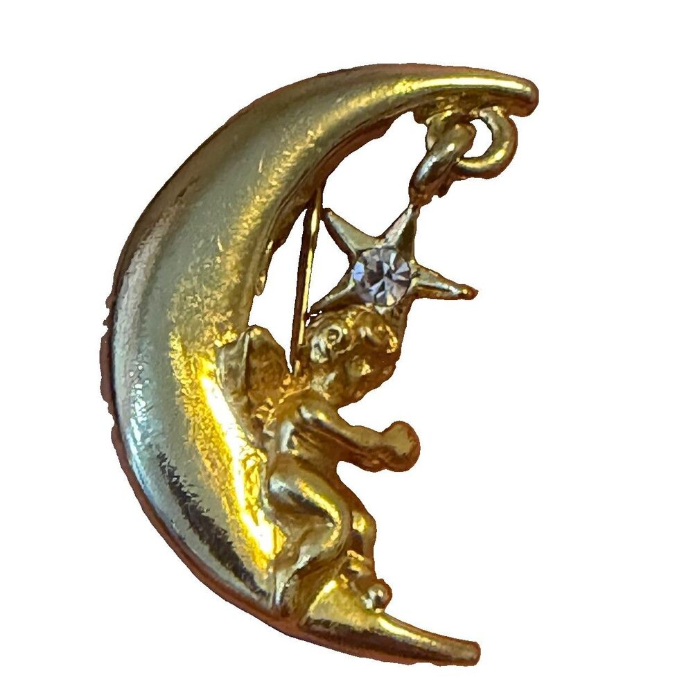 Vintage Gold Tone Cherub Crescent Moon Brooch Dangle Rhinestone Star Lapel Pin
